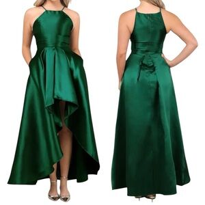 NWOT Lulus Broadway Show Emerald Green High-Low Halter Neckline Gown Dress